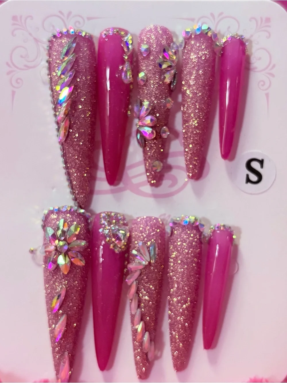 Pink Glitter Stiletto Press-On Nails with Rhinestones - Women Shoes